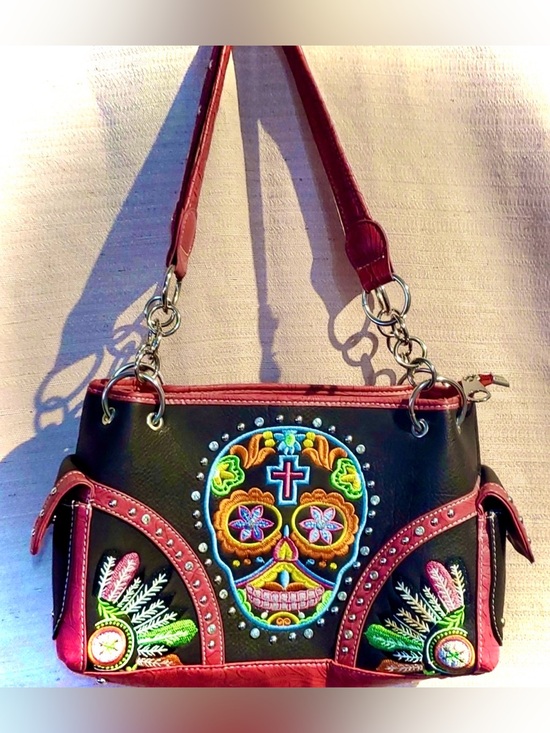 Montana West Handbags - Montana West Black and Pink Calavera Embroidered Sugar Skull Bag
